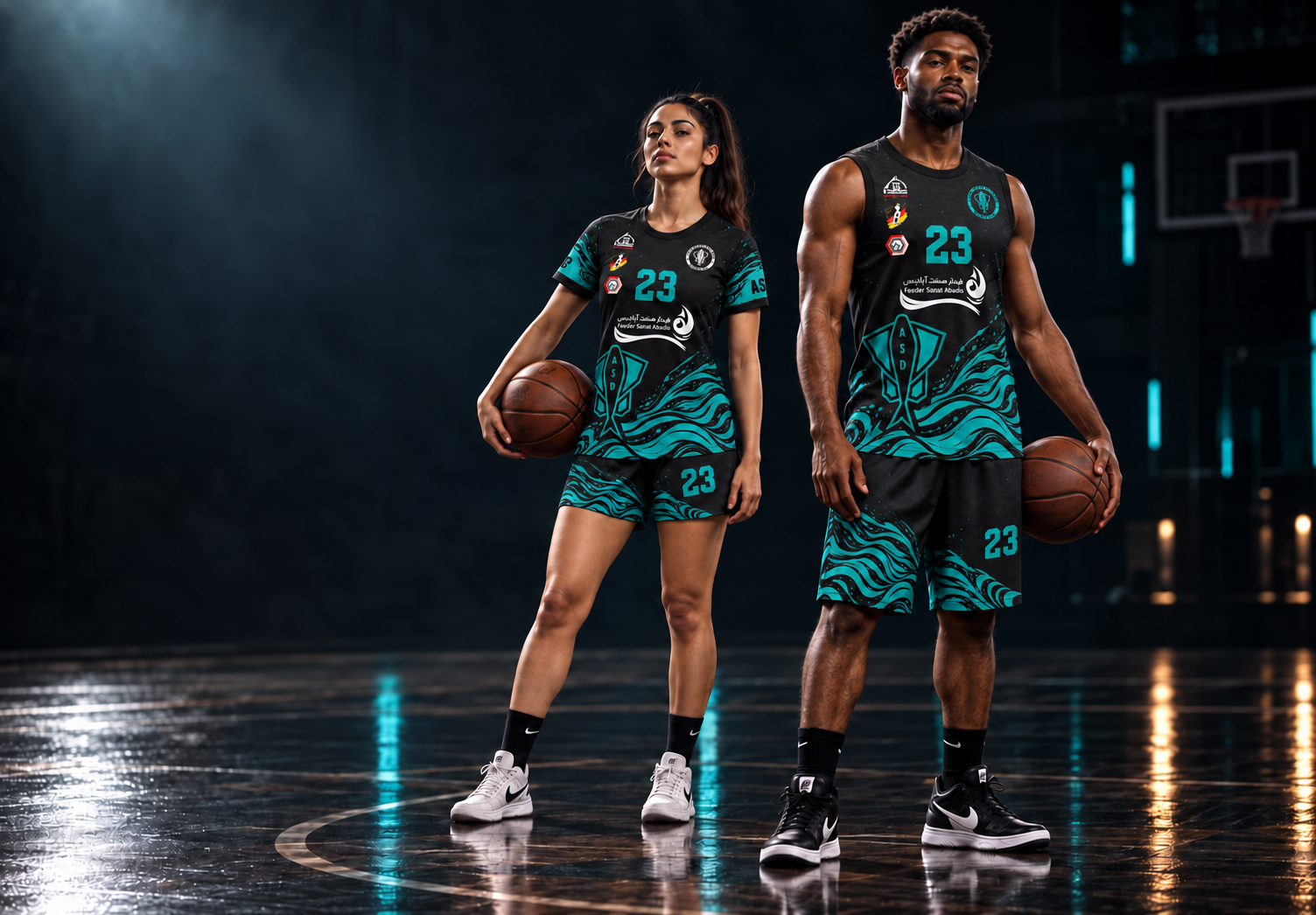 A woman and man wearing the new club basketball kits on a dark court