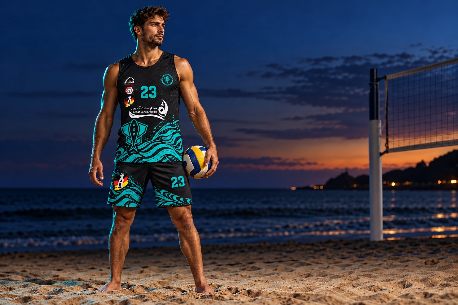 Beach volleyball player in the black and aqua club uniform by the sea
