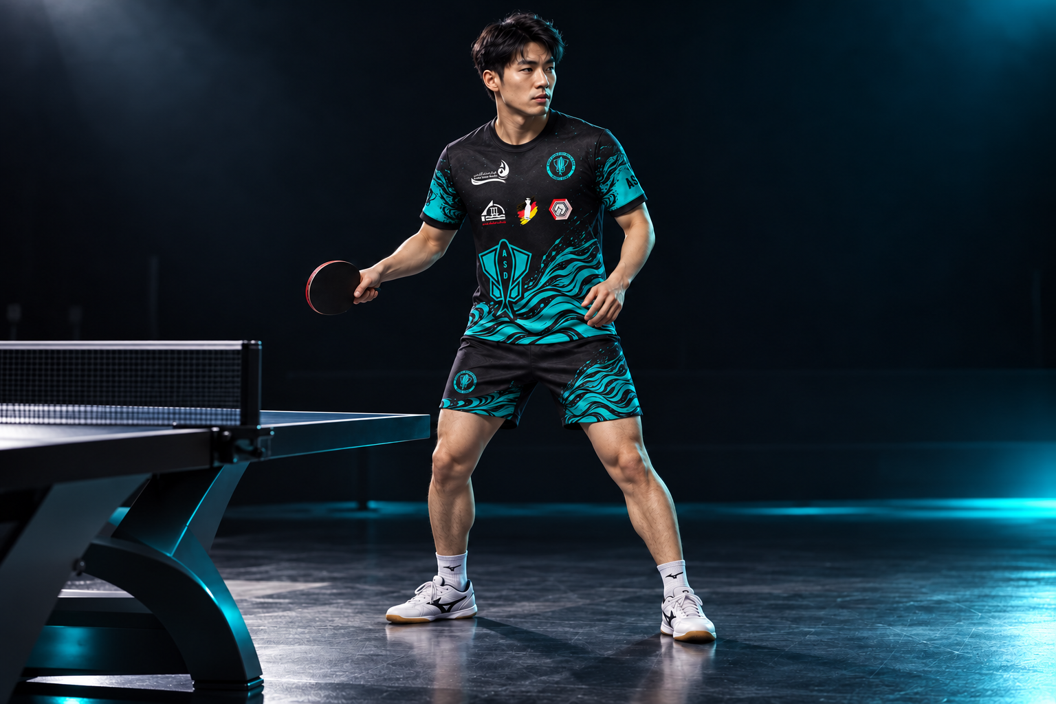 Table tennis athlete wearing the club uniform beside a table