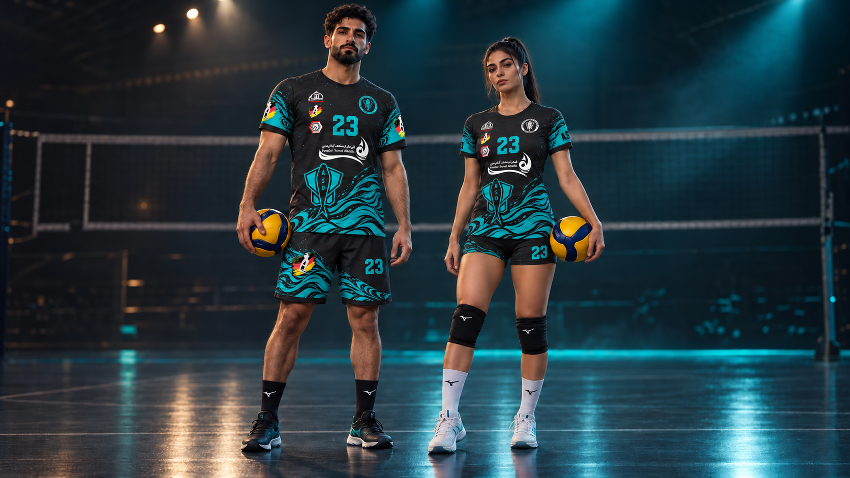 A woman and man in the club’s indoor volleyball collection